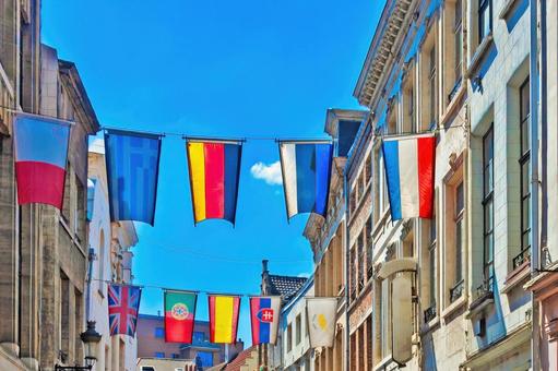 青空に映えるヨーロッパ諸国の国旗群 ヨーロッパ,欧州,万国旗の写真素材