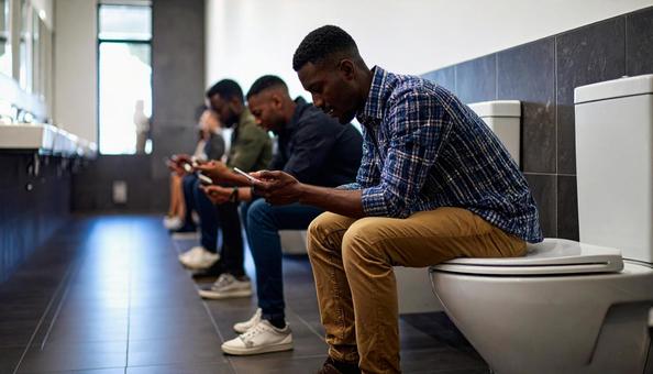 男子トイレで暇つぶしをする男性 男子トイレで暇つぶしをする男性の写真
