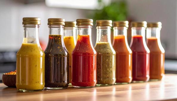 キッチンに並べられた調味料 キッチンに並べられた調味料の写真