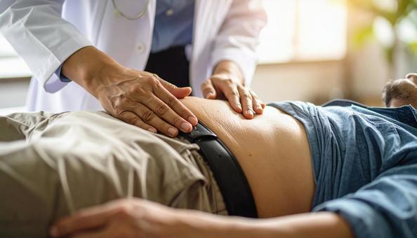 男性患者の腹部の触診を行う医師 男性患者の腹部の触診を行う医師の写真
