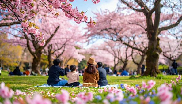 桜の下でピクニックの写真