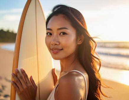 海でサーフィンボードを持った女性 海でサーフィンボードを持った女性の写真