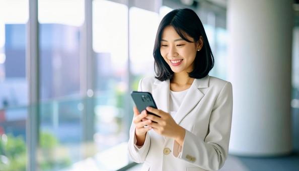 スマホを確認するビジネス女性の写真