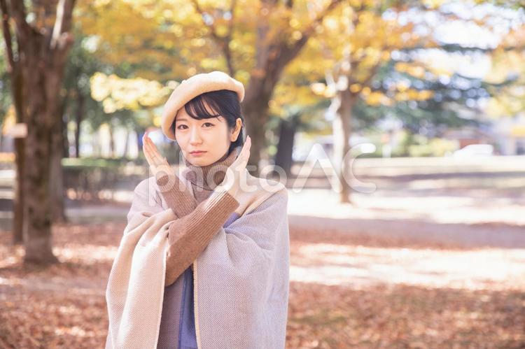秋の公園でバツを作る女性 バツ,ダメ,秋の写真素材
