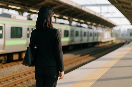 駅のホームで電車を待つスーツ女性の後ろ姿の写真