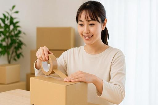 梱包作業中の女性・引っ越し準備・荷造り 梱包作業中の女性・引っ越し準備・荷造りの写真