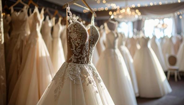 ウェディングドレスがかかる結婚式場の控室 ウェディングドレスがかかる結婚式場の控室の写真
