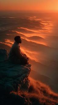 夕焼けの山頂で瞑想する男性 夕焼けの山頂で瞑想する男性の写真