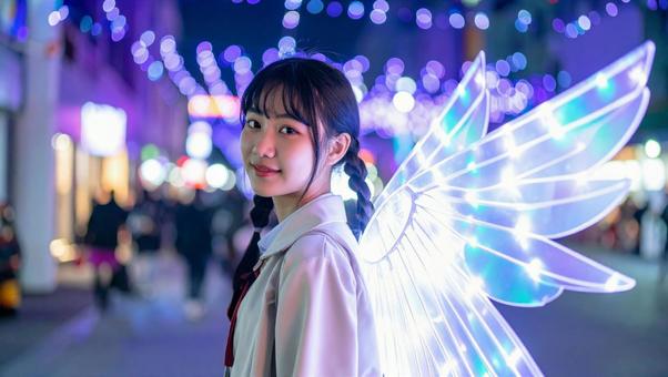 振り返る光る翼を持った若い女性_三つ編み 振り返る光る翼を持った若い女性_三つ編みの写真