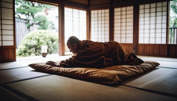 病気で寝床に着く僧侶 病気で寝床に着く僧侶の写真