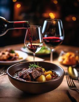 赤ワインとビーフシチュー(ポスター用) ビーフシチュー,シチュー,赤ワインの写真素材
