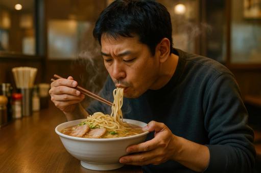 大盛りのラーメンをすする男性 大盛りのラーメンをすする男性の写真
