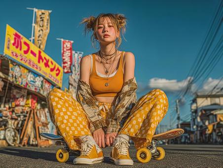 スケートボードを楽しむストリート系女子 スケートボードを楽しむストリート系女子の写真