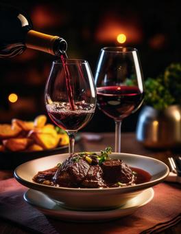 赤ワインとビーフシチュー(ポスター用) ビーフシチュー,シチュー,赤ワインの写真素材