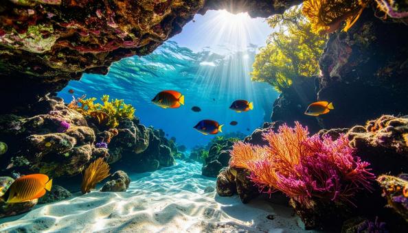 海中から見た岩場に泳ぐ熱帯魚 海中から見た岩場に泳ぐ熱帯魚の写真