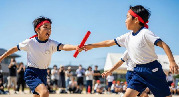小学生が運動会リレーでバトンを渡す瞬間 小学生が運動会リレーでバトンを渡す瞬間の写真