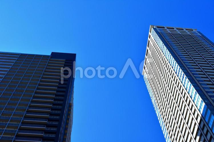 ビルと青空　都会と青空　快晴　晴れ イメージ,素材,大都会の写真素材