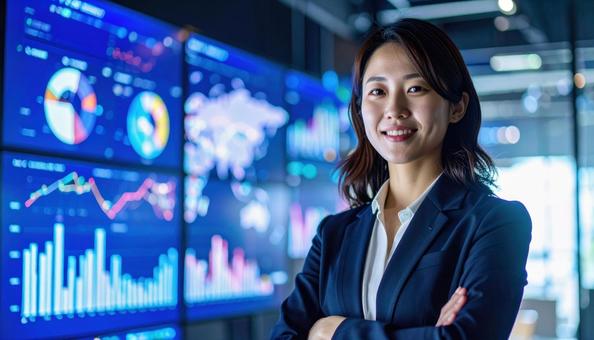 ディルプレイのチャートの前に立つ女性社員の写真