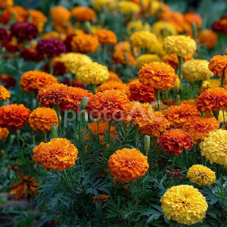 色とりどりのマリーゴールド畑 マリーゴールド,花,植物の写真素材