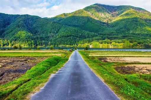 山と湖へ向かうまっすぐな一本道 山と湖へ向かうまっすぐな一本道 山,湖,一本道の写真素材