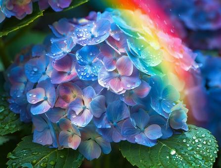 虹とアジサイ 虹とアジサイの写真