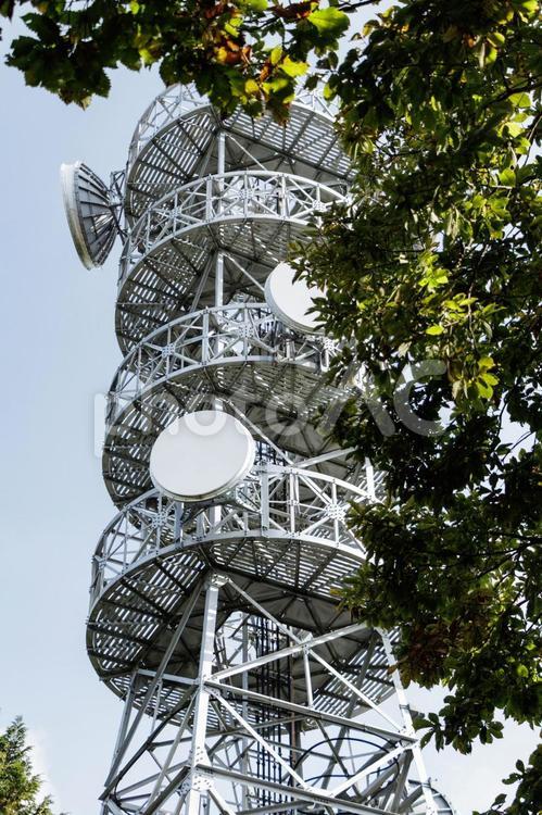 森の中から望む電波塔 鉄塔,電線,送電線の写真素材