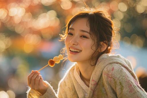 団子を食べる若い娘 団子を食べる若い娘の写真