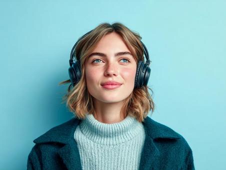 ヘッドホンで音楽を楽しむ魅力的な若い女性 ヘッドホンで音楽を楽しむ魅力的な若い女性の写真