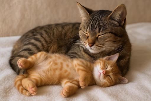 キジトラと茶トラの子猫が寄り添い眠る写真 キジトラと茶トラの子猫が寄り添い眠る写真の写真