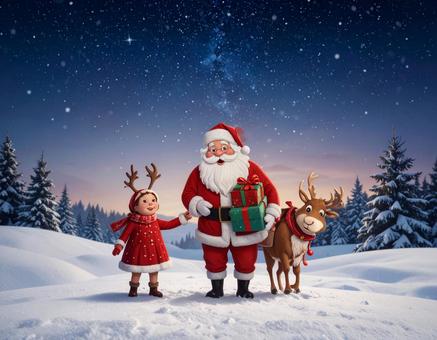 プレゼントを運ぶサンタクロースとトナカイ プレゼントを運ぶサンタクロースとトナカイの写真