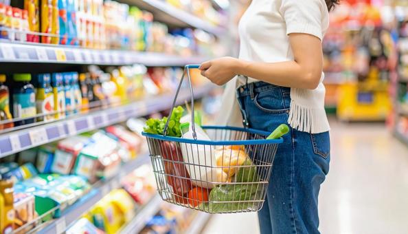 買い物かごを持って買い物する女性の手 買い物かごを持って買い物する女性の手の写真