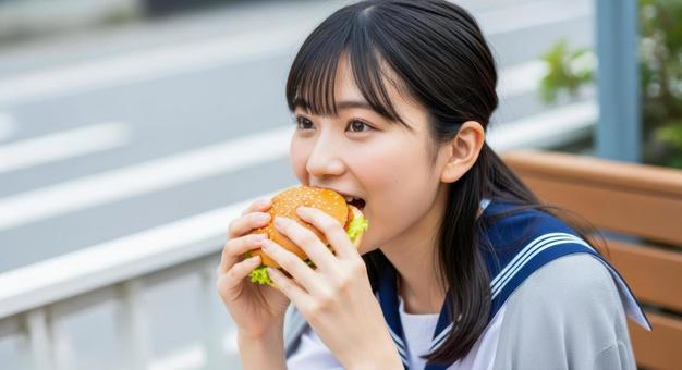 制服姿の女子高校生がハンバーガー食べる 制服姿の女子高校生がハンバーガー食べるの写真