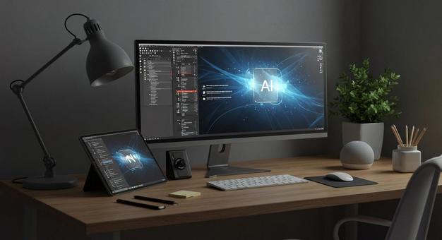 マルチスクリーン AIアシスタントデスク マルチスクリーン AIアシスタントデスクの写真