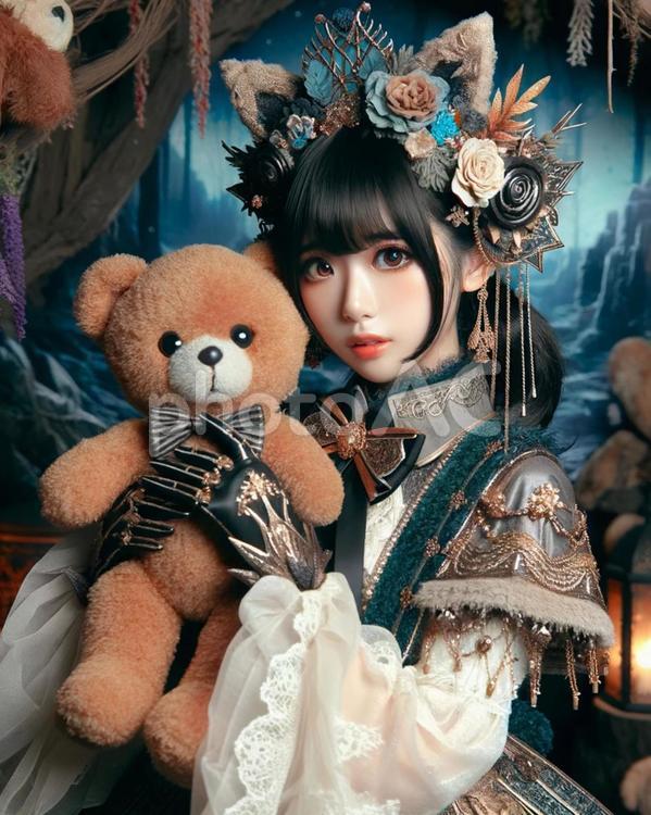 黒髪ウルフコスプレ ぬいぐるみ,テディベア,テディベアを抱えた女の子の写真素材