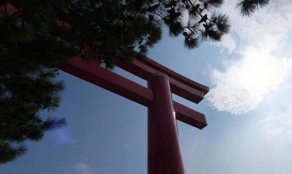 見上げる鳥居と澄んだ青空 見上げる鳥居と澄んだ青空の写真