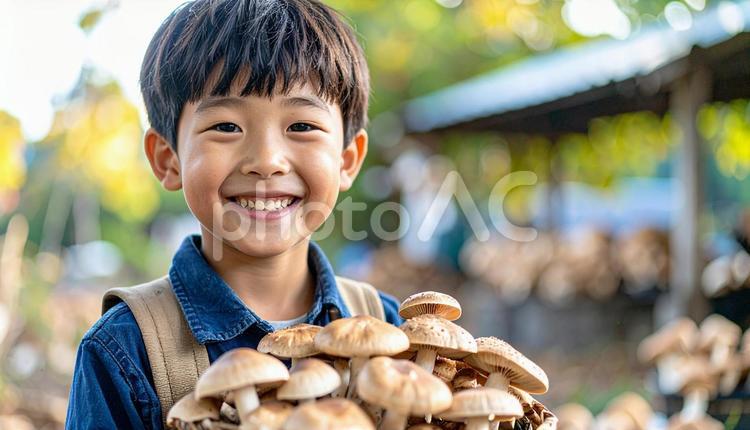 きのこ狩り　キノコを収穫して笑顔の男の子 きのこ狩り,秋,子供の写真素材