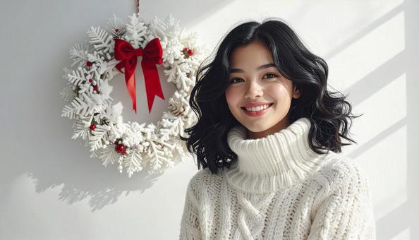 クリスマスデコレーションと女性 クリスマスデコレーションと女性の写真