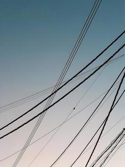夕暮れの空を縦横に走る電線 夕暮れの空を縦横に走る電線 電線,送電線,交わるの写真素材