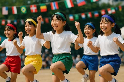 全員でダンスを披露する小学生女子 全員でダンスを披露する小学生女子の写真