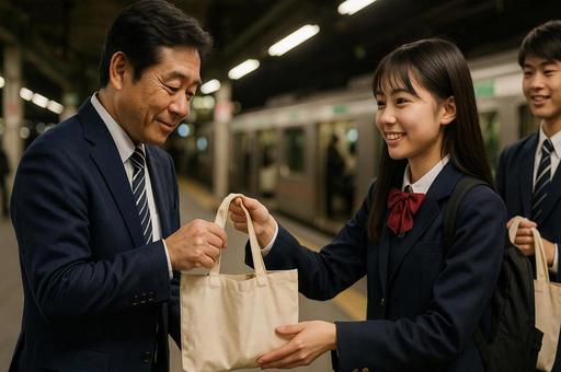駅で渡される通学バッグ 駅で渡される通学バッグの写真