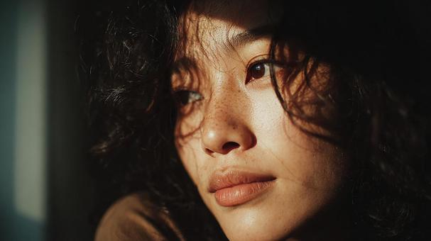 夕日に照らされる女性 夕日に照らされる女性の写真