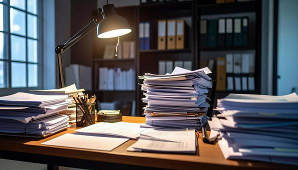 書類まみれの会社の机 書類まみれの会社の机の写真
