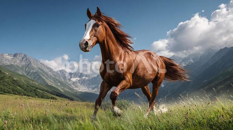 草原を疾走する馬 馬,午年,年賀状の写真素材