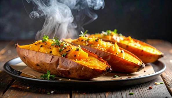 焼きたての焼き芋の断面・さつまいも 湯気 焼きたての焼き芋の断面・さつまいも 湯気の写真
