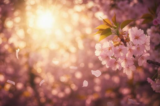 夕日に照らされる満開の桜の写真