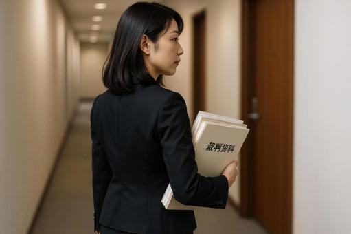 法律資料を持つ女性の後ろ姿 法律資料を持つ女性の後ろ姿の写真