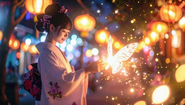 火花を放ちながら光る蝶を生成する女性A 火花を放ちながら光る蝶を生成する女性Aの写真