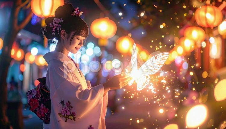 火花を放ちながら光る蝶を生成する女性A 女性,輝く,蝶の写真素材