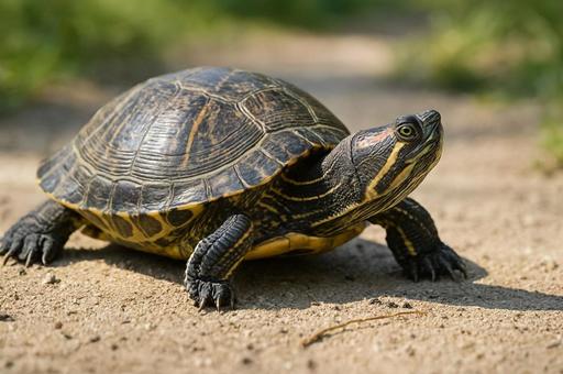 陸を歩く亀・カメのアップ・水辺の生き物 陸を歩く亀・カメのアップ・水辺の生き物の写真