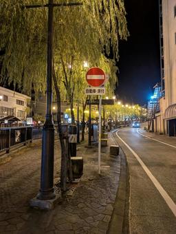 夜の温泉街の一方通行の道　～道路標識～ 道路標識,車両侵入禁止,街路樹の写真素材